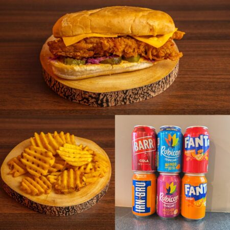 Ft Hot Chicken Supremacy Burger + Waffel Fries + Can