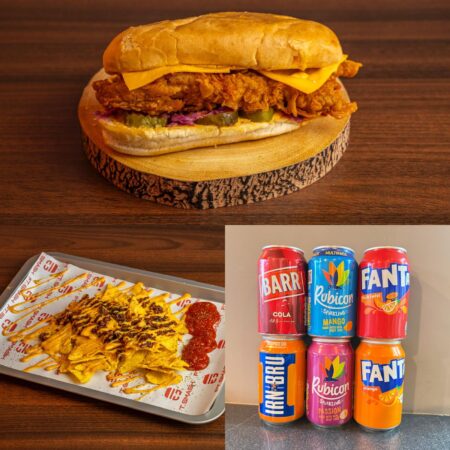 Ft Hot Chicken Supremacy Burger + Love Nachos Loaded Angus Beef + Can