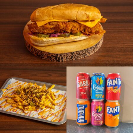 Ft Hot Chicken Supremacy Burger + Posh Loaded Fries Angus Beef + Can